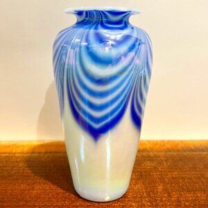OBG Ornamental Blown Glass Seattle Iridescent Blue Pulled Feather Signed Vase